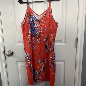 Women Red W/blue Flower Summer Spaghetti Strap V Neck Sleeveless Mini Dress Sz.L